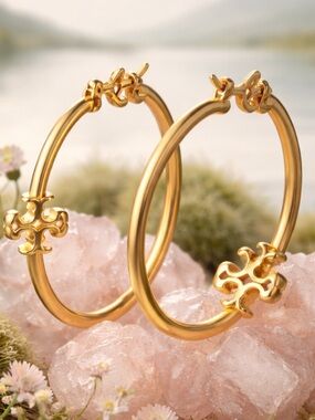 Tory Burch Kira Gold Hoop Earrings with Logo Charm.